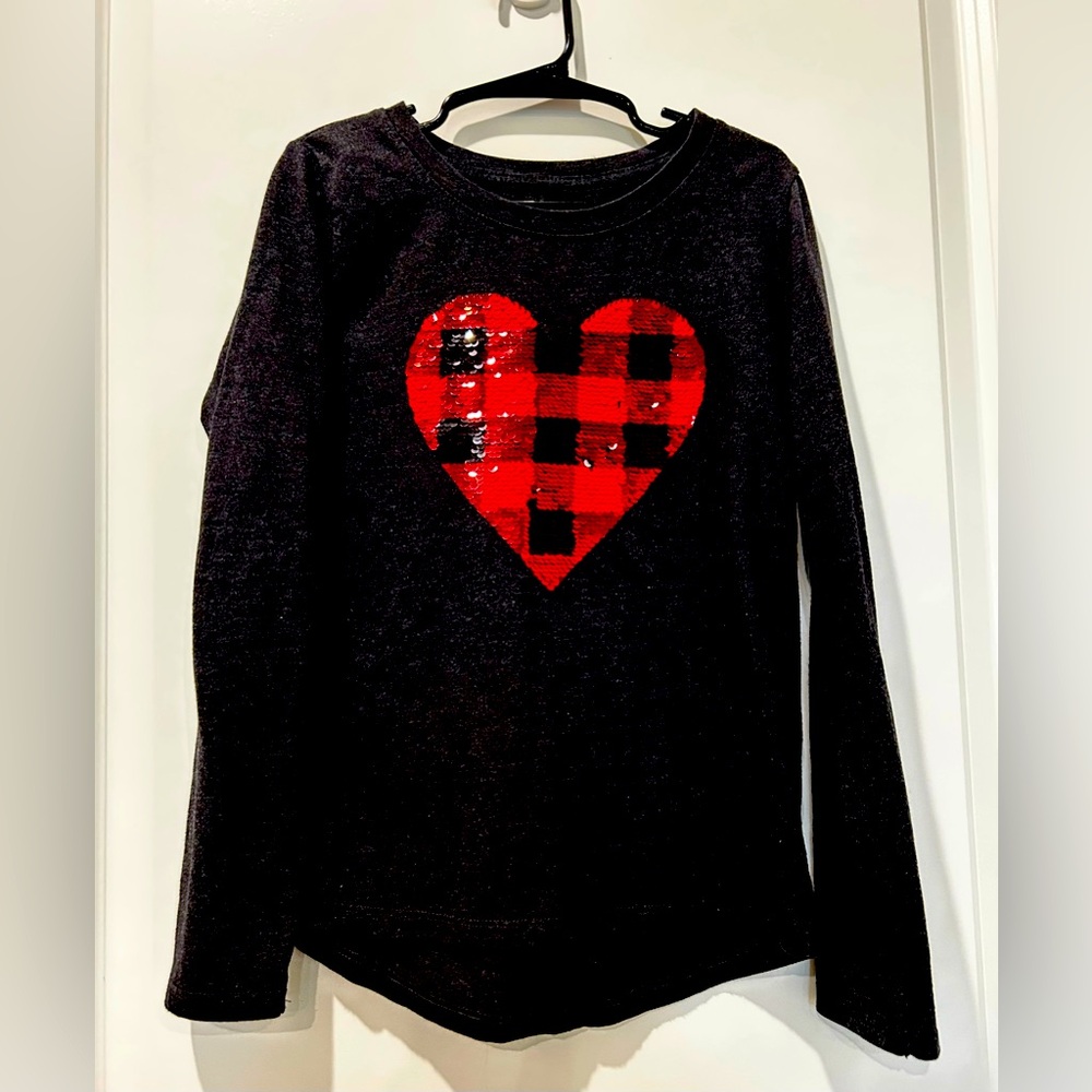 Cat & Jack Black and Red Checkered Heart Long Sleeve Tee with sequins